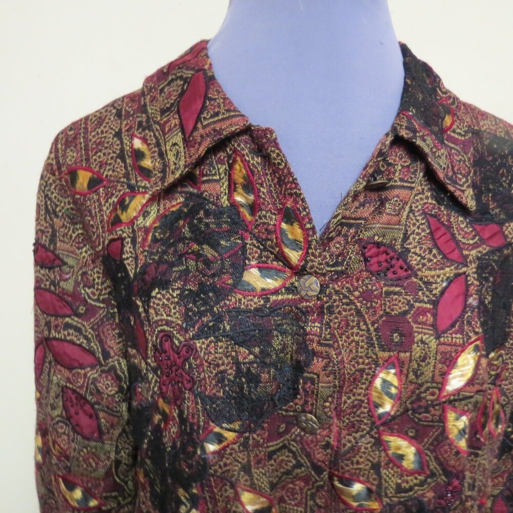 Chico size 1 multi color ethnic red black brocade jacket, Hippie Boho